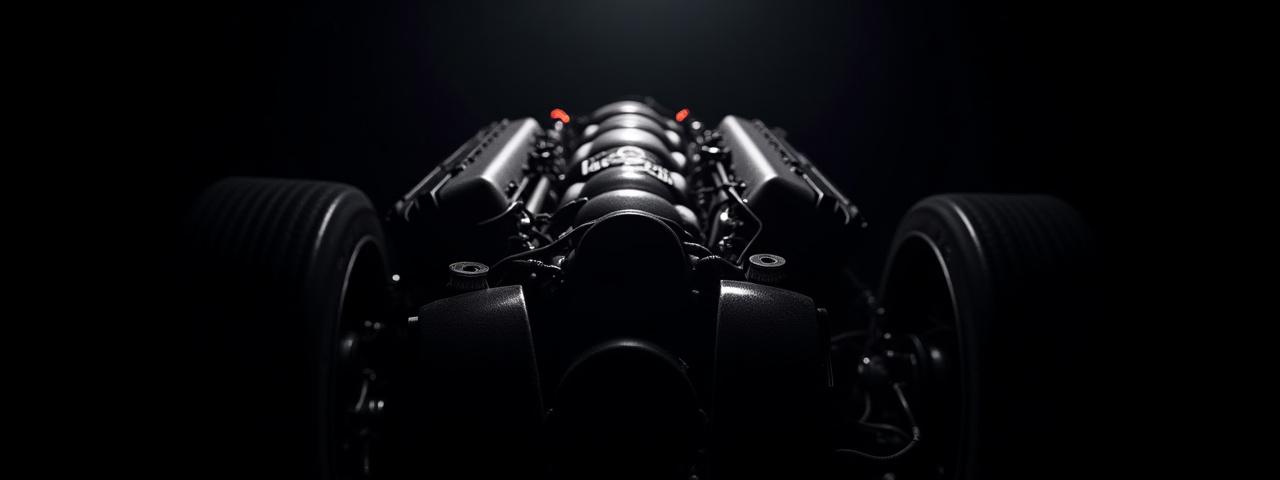 어두운 배경에 빛을 받는 스포츠카 엔진